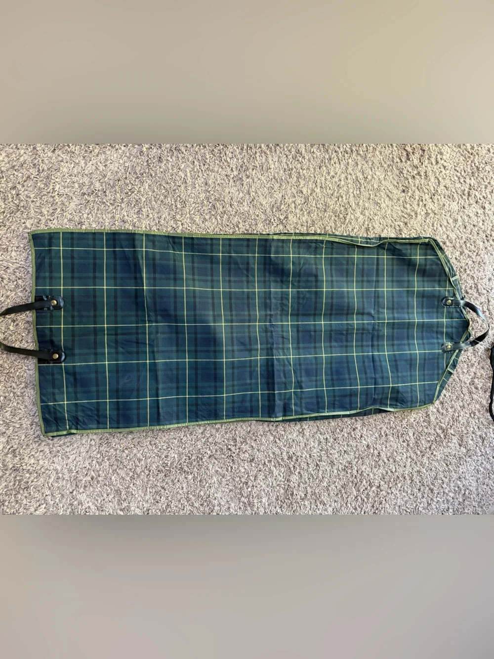 Vintage green/blue tartan plaid vinyl garment bag with zip and folded handles
